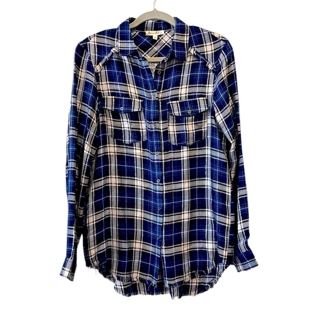 Jane and Delancey Metallic Thread Blue Plaid Frayed Distressed Button Shirt‌
